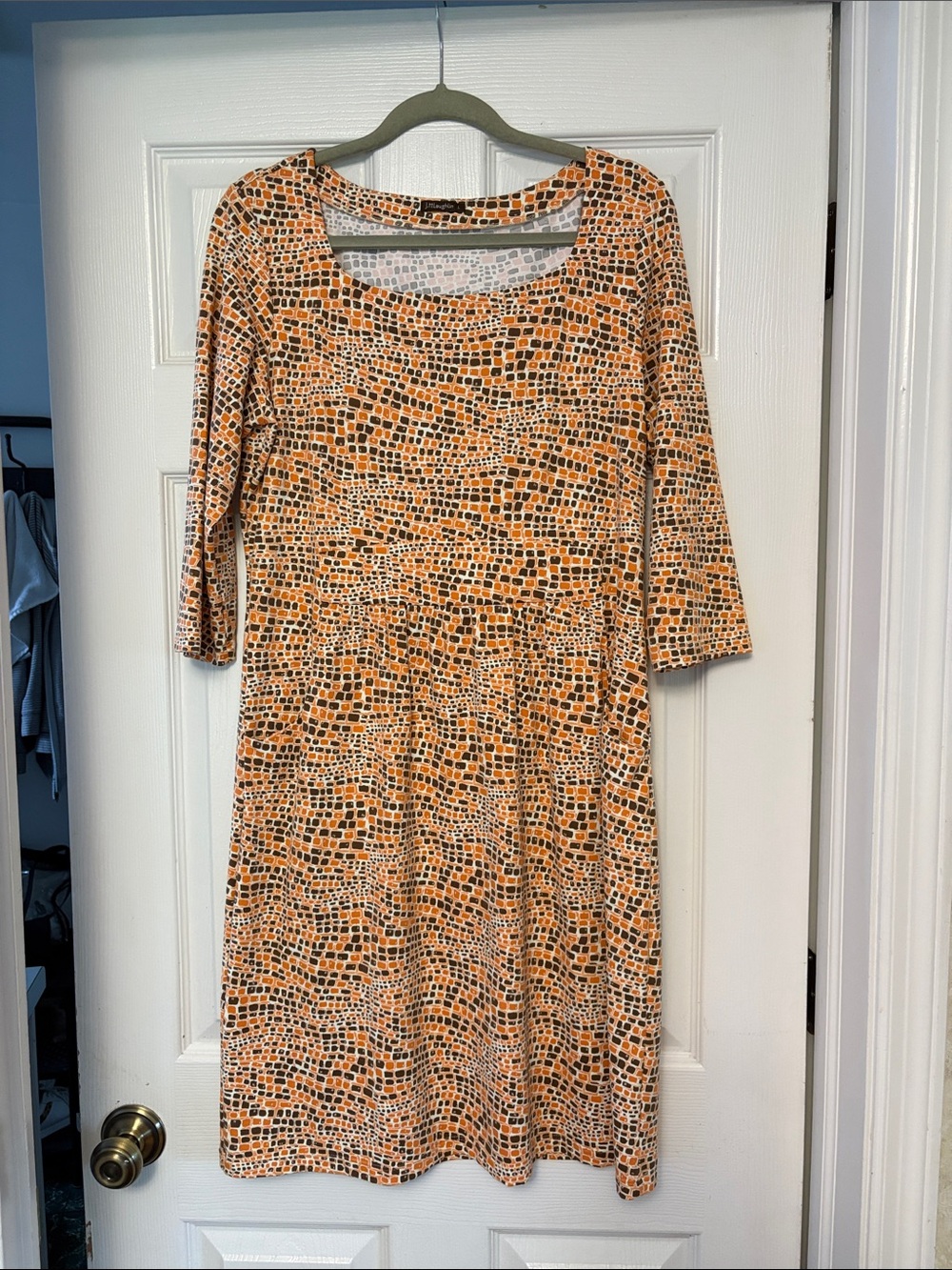 J.McLaughlin 3/4 Sleeve Orange Mosaic Print Dress